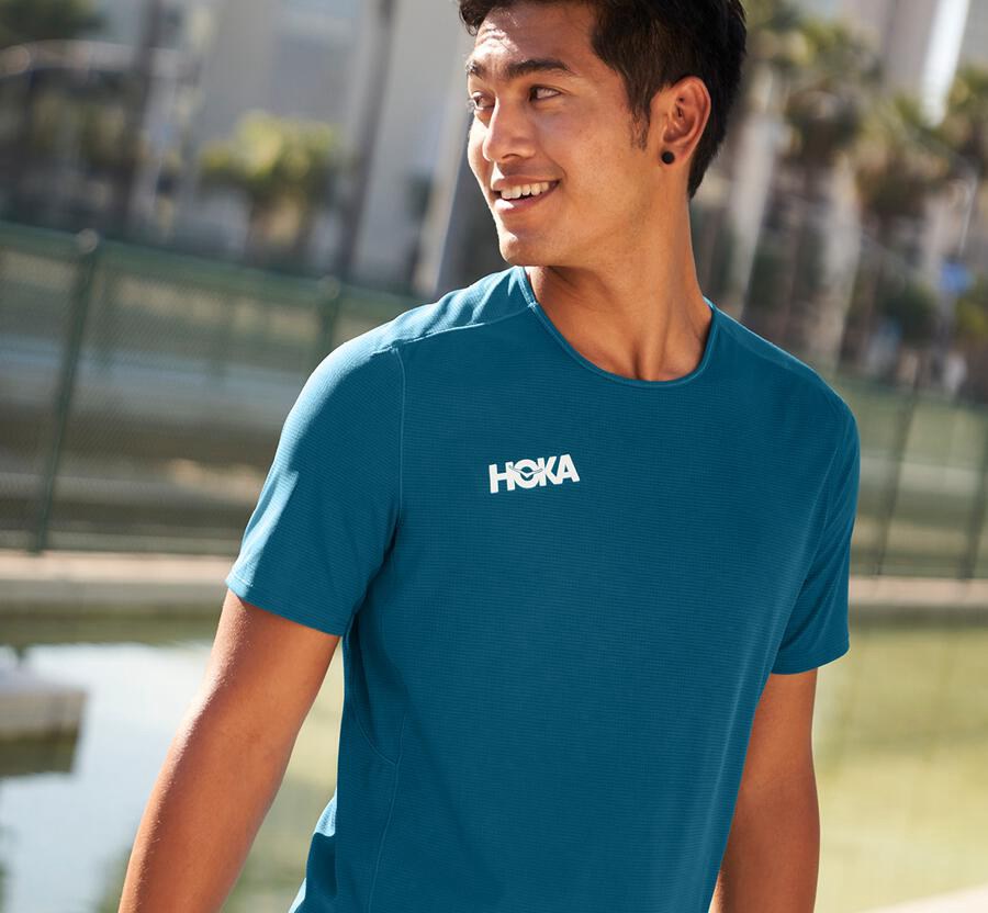 Hoka One One Top Herre - Performance Kort Sleeve - Blå - 381265KUA